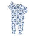 Elephant print polo romper, light blue with long sleeves and button placket