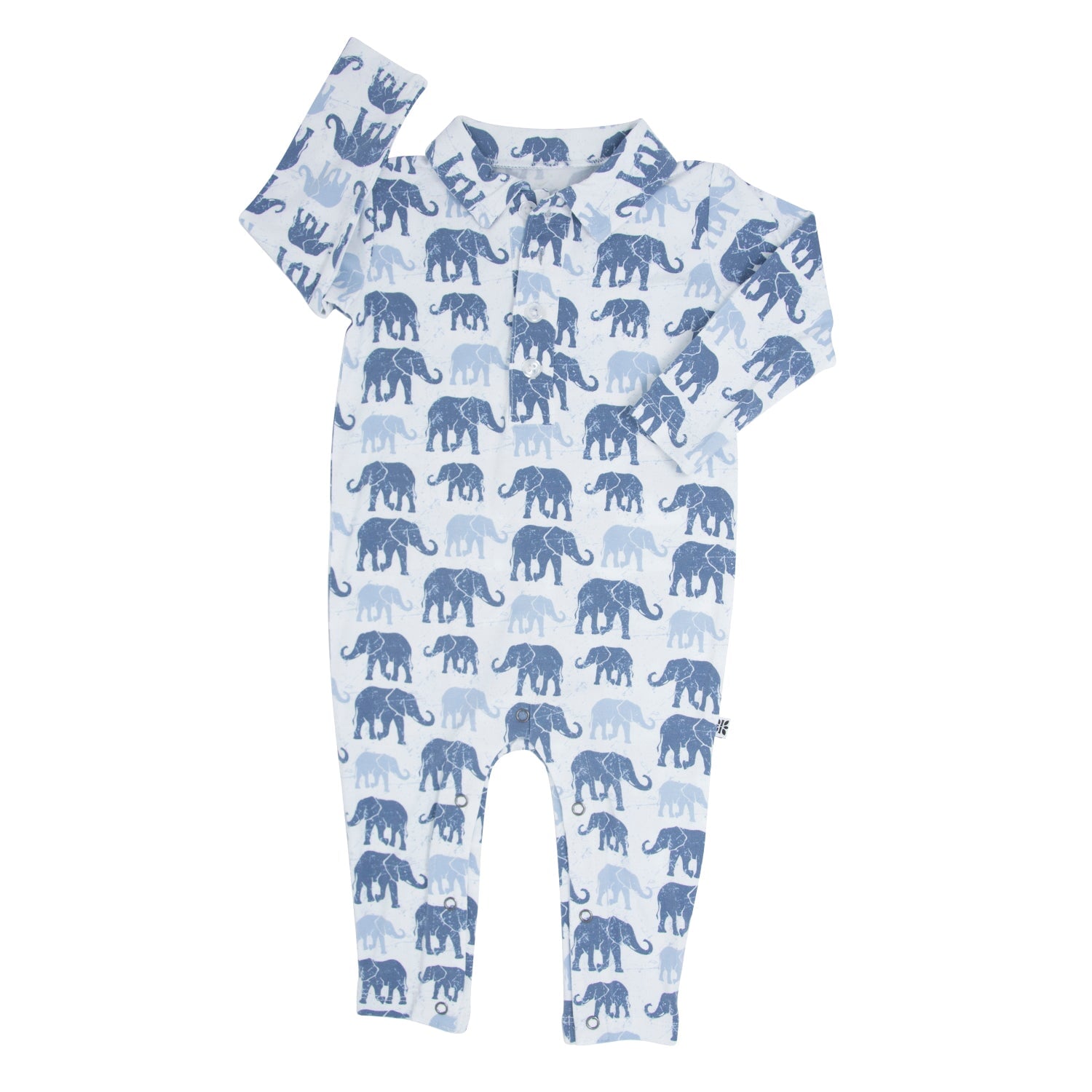 Elephant print polo romper, light blue with long sleeves and button placket