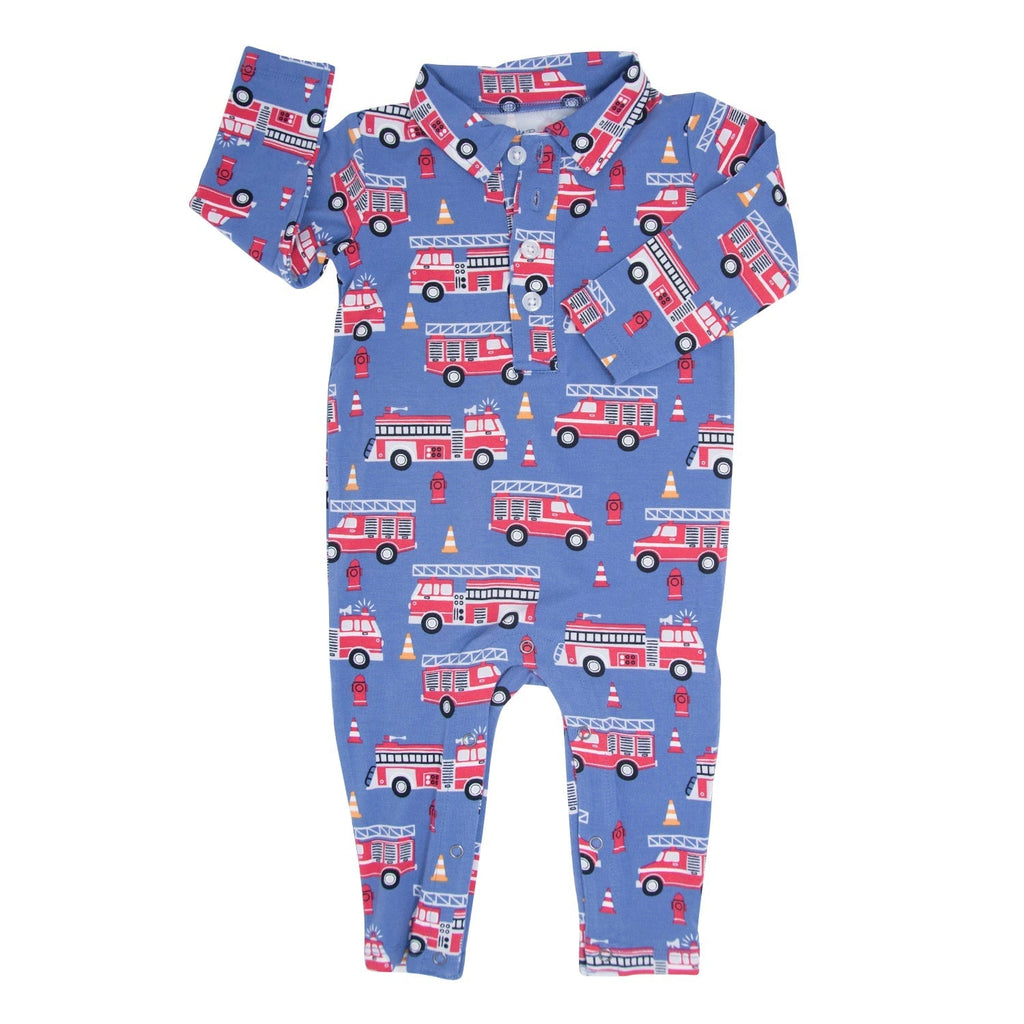 Blue fire truck print long-sleeve polo romper with snap buttons, all-over pattern