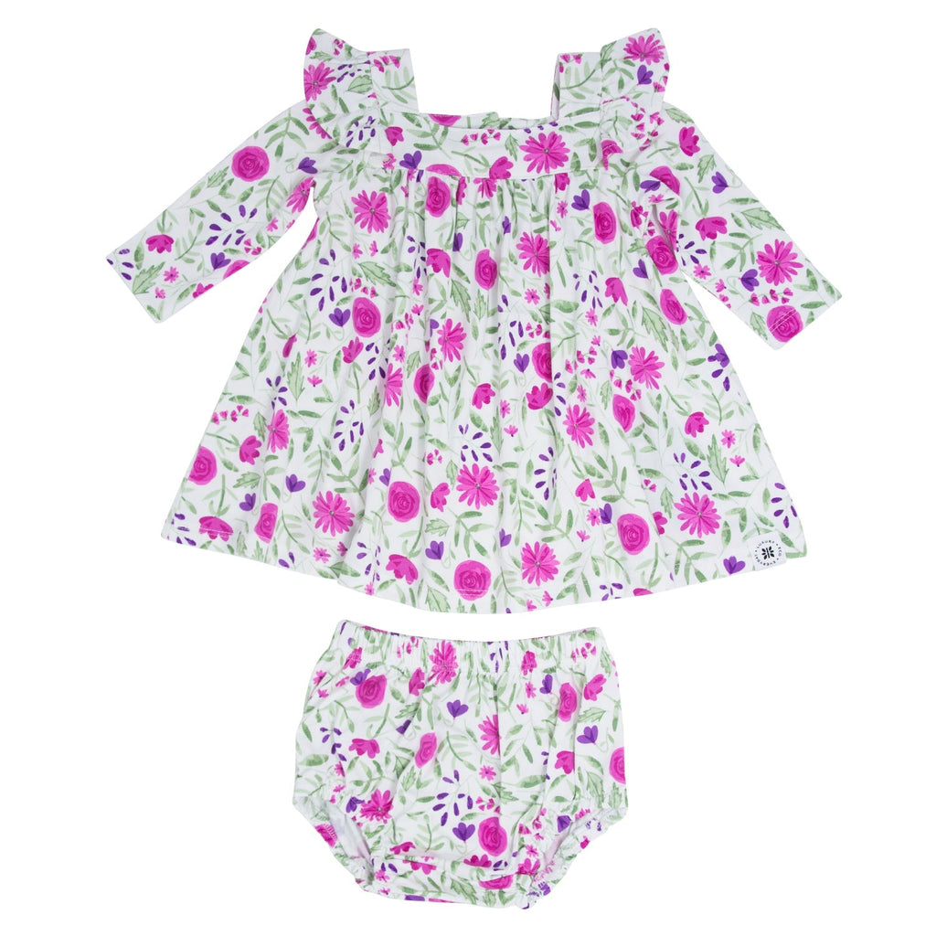 Girls ruffle dress with pink-purple floral print and matching bloomers set