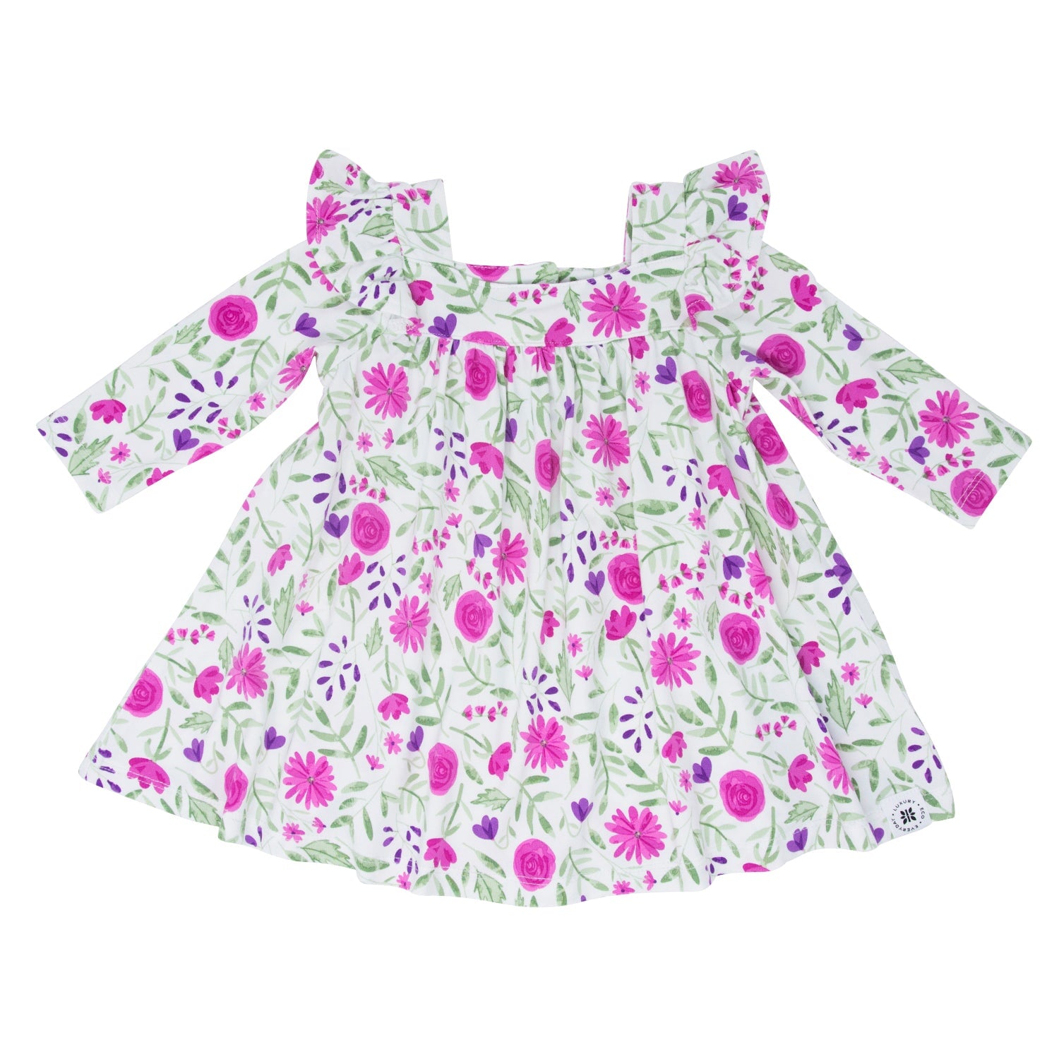 Girls ruffle dress in white with pink-purple floral print, long sleeves