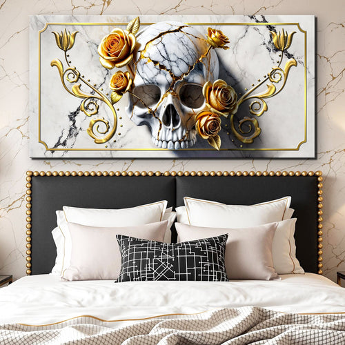 Skull and rose canvas wall art with gold floral details and marble-style pattern
