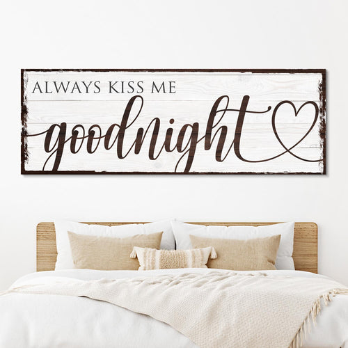 Wall art canvas sign reading "goodnight" script with heart on dark wood frame