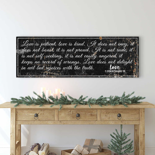 Christian scripture wall art with white quote 'Love is patient, love is kind'