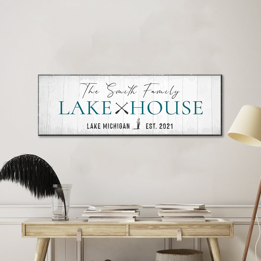 Lake house sign with Smith Family and Lake×House text, blue accent lettering, Est. 2021