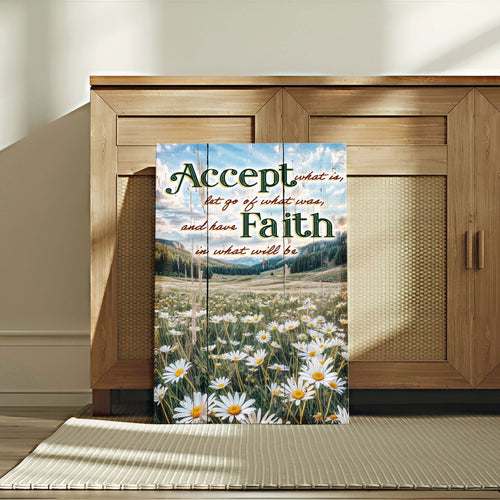 Canvas wall art sign showing daisies in a valley under "Accept" and "Faith" text