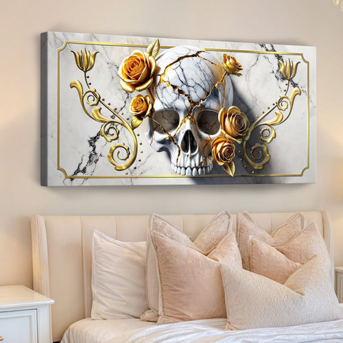 Skull and rose canvas wall art with gold accents above a beige bed headboard