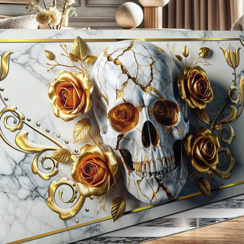Skull and rose canvas wall art detail with gold leaves and swirls on blue-gray marble.