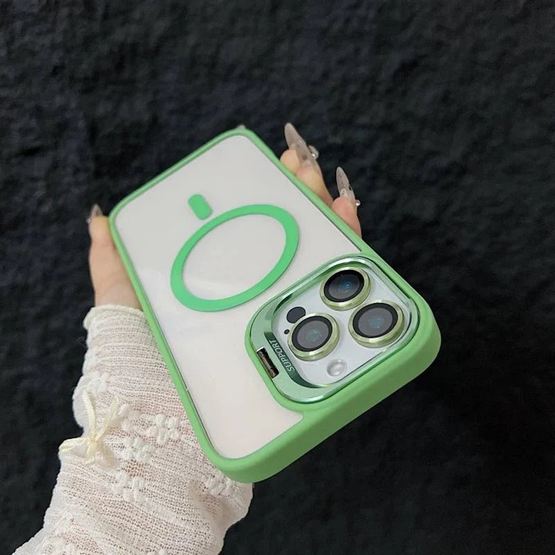 Magnetic Shockproof Transparent Phone Case with Stand | Glass Lens Protection for iPhone 11-16 Series