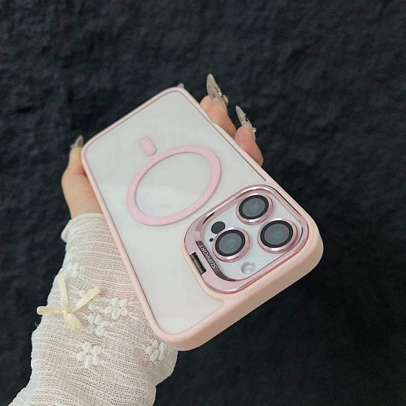 Magnetic Shockproof Transparent Phone Case with Stand | Glass Lens Protection for iPhone 11-16 Series