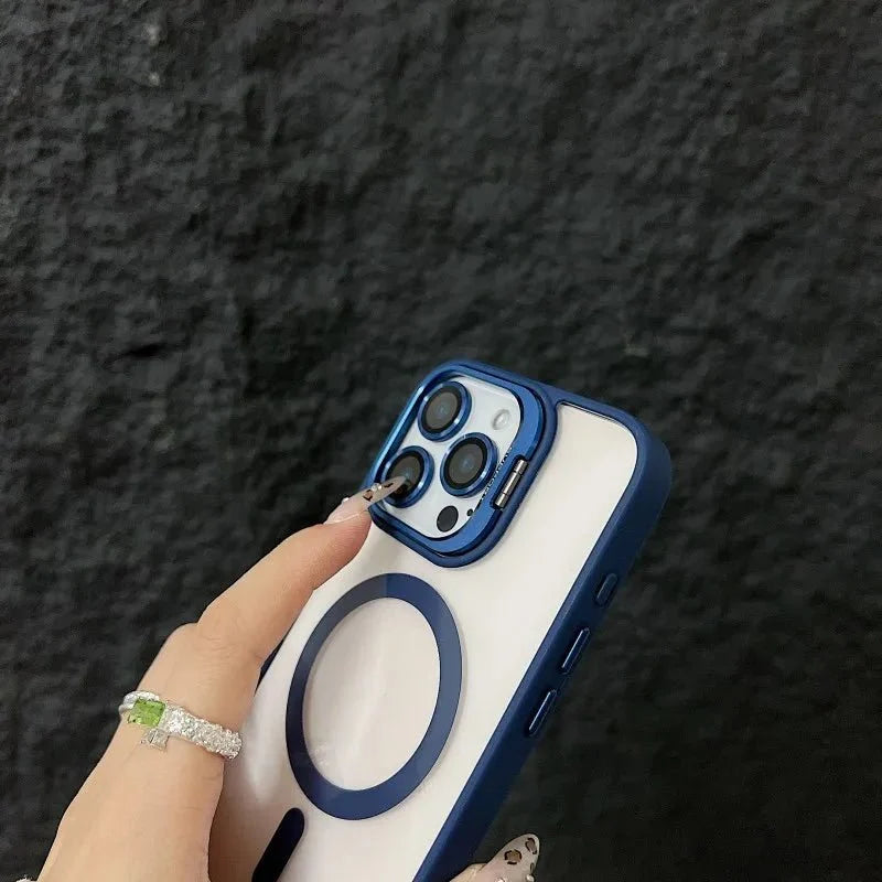 Magnetic Shockproof Transparent Phone Case with Stand | Glass Lens Protection for iPhone 11-16 Series