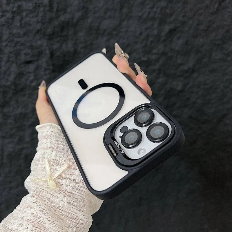 Magnetic Shockproof Transparent Phone Case with Stand | Glass Lens Protection for iPhone 11-16 Series