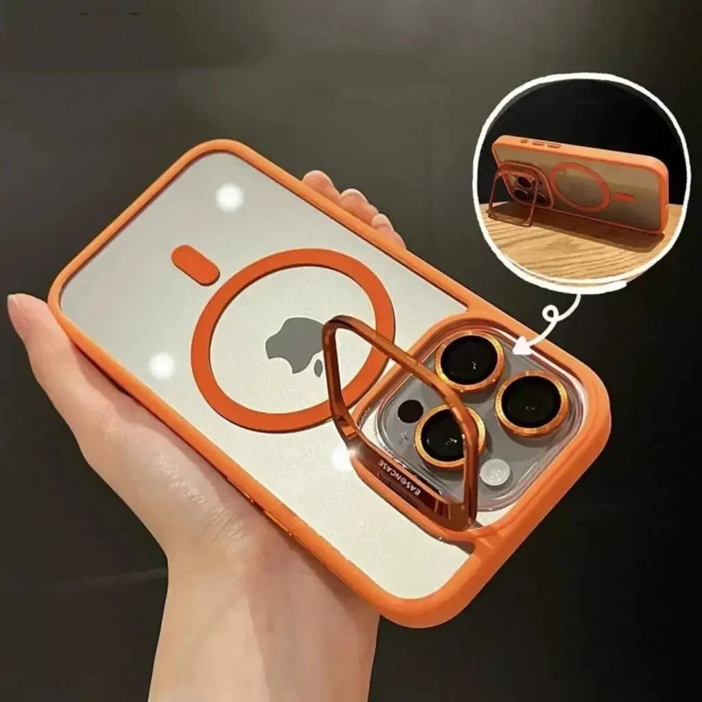 Magnetic Shockproof Transparent Phone Case with Stand | Glass Lens Protection for iPhone 11-16 Series