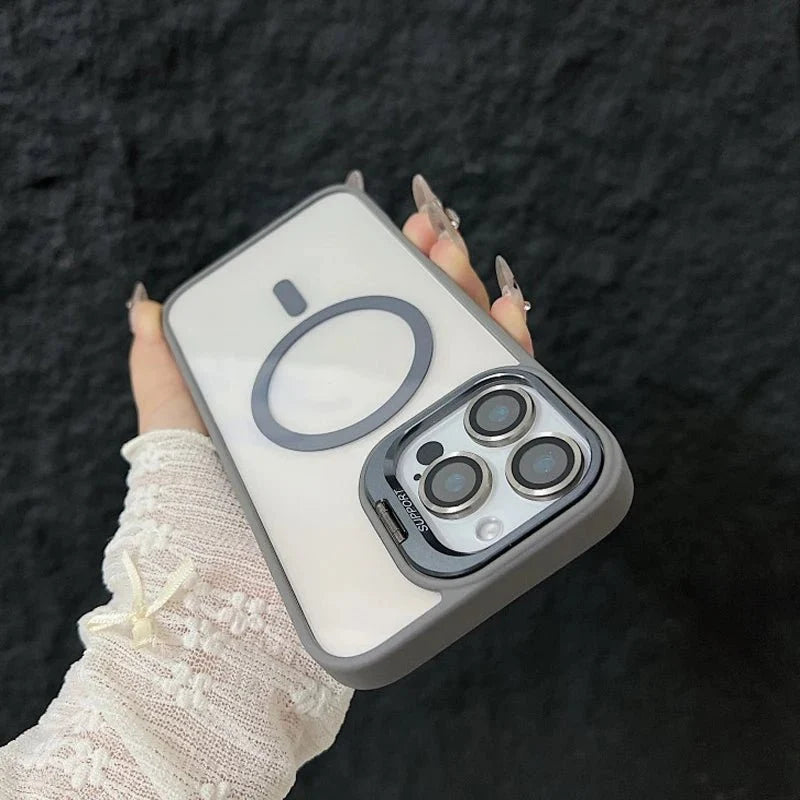 Magnetic Shockproof Transparent Phone Case with Stand | Glass Lens Protection for iPhone 11-16 Series
