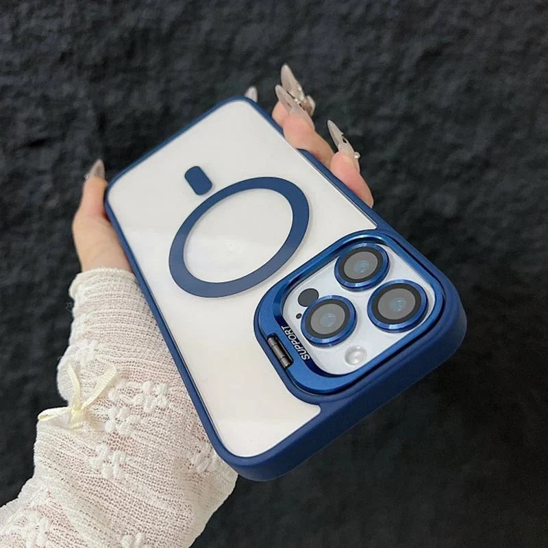 Magnetic Shockproof Transparent Phone Case with Stand | Glass Lens Protection for iPhone 11-16 Series