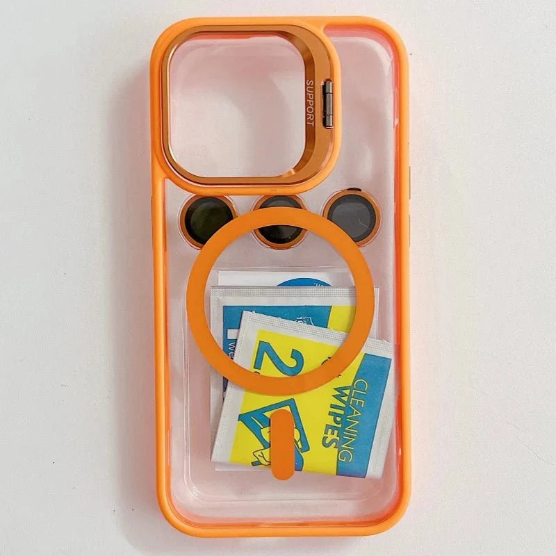 Magnetic Shockproof Transparent Phone Case with Stand | Glass Lens Protection for iPhone 11-16 Series