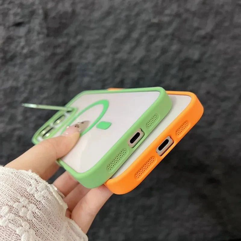 Magnetic Shockproof Transparent Phone Case with Stand | Glass Lens Protection for iPhone 11-16 Series