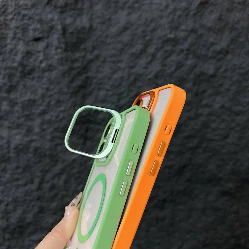 Magnetic Shockproof Transparent Phone Case with Stand | Glass Lens Protection for iPhone 11-16 Series