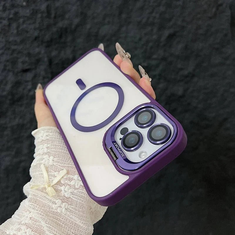 Magnetic Shockproof Transparent Phone Case with Stand | Glass Lens Protection for iPhone 11-16 Series