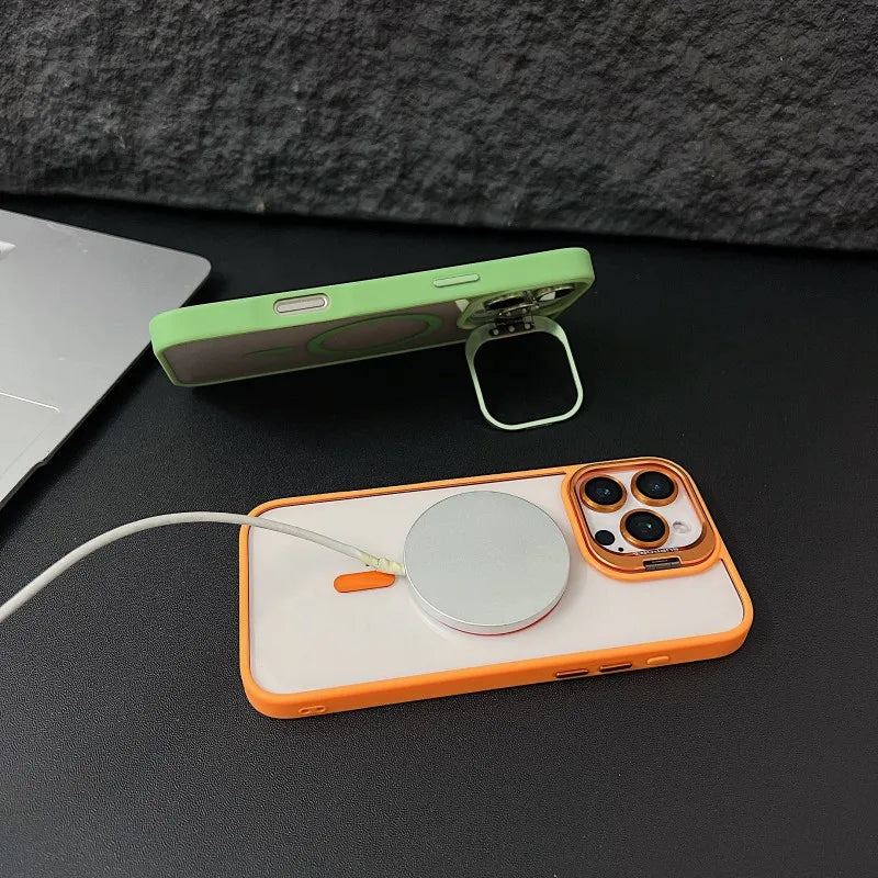 Magnetic Shockproof Transparent Phone Case with Stand | Glass Lens Protection for iPhone 11-16 Series