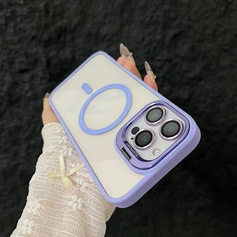 Magnetic Shockproof Transparent Phone Case with Stand | Glass Lens Protection for iPhone 11-16 Series