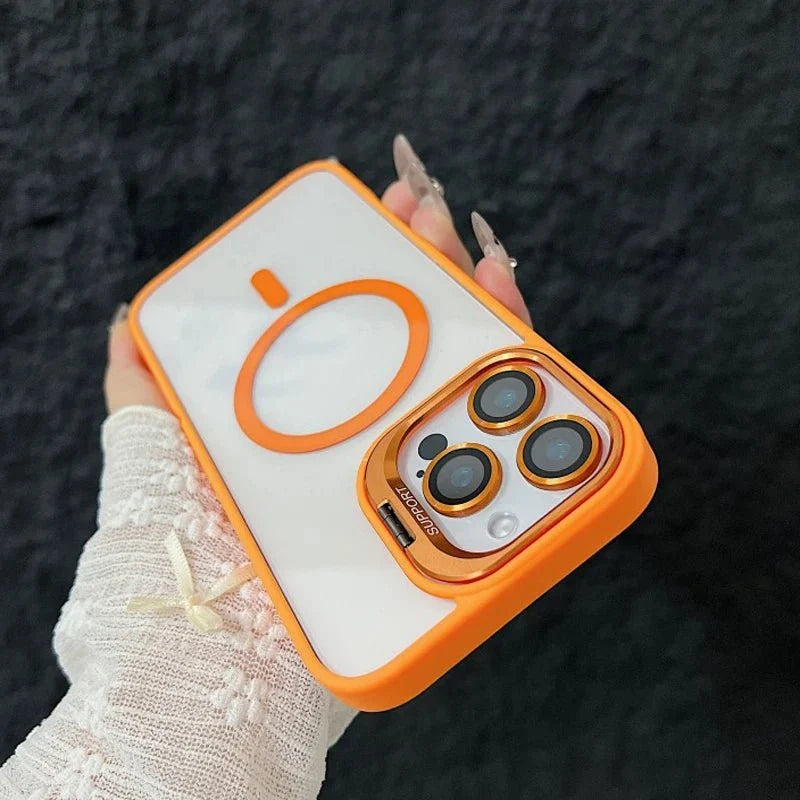 Magnetic Shockproof Transparent Phone Case with Stand | Glass Lens Protection for iPhone 11-16 Series