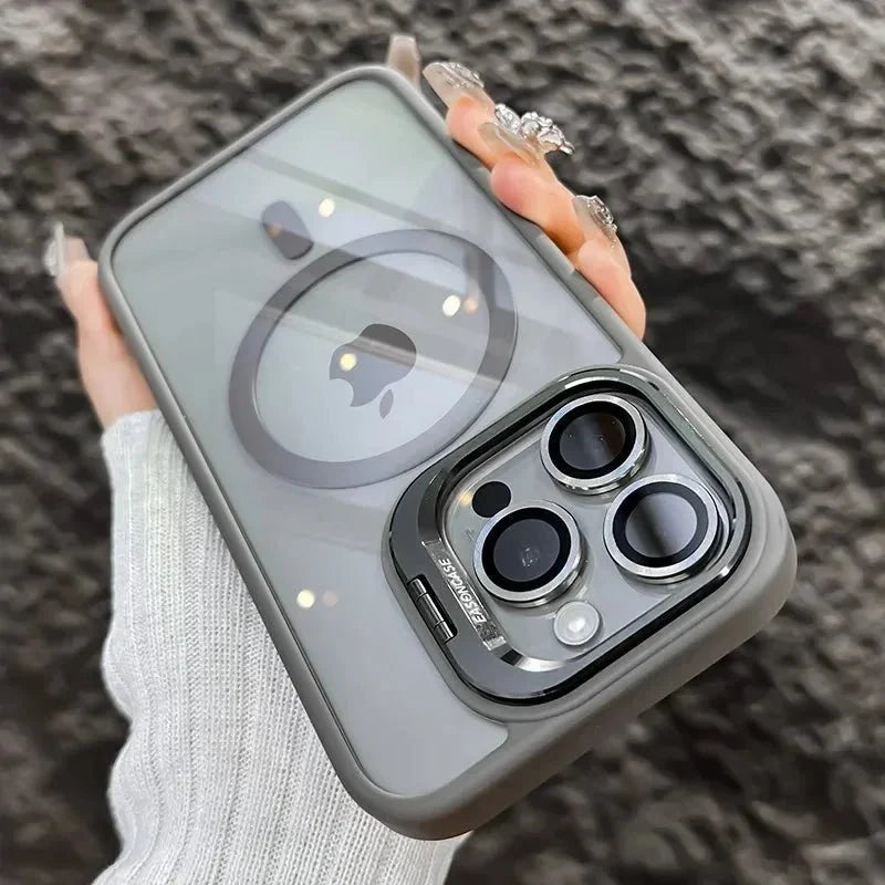 Magnetic Shockproof Transparent Phone Case with Stand | Glass Lens Protection for iPhone 11-16 Series