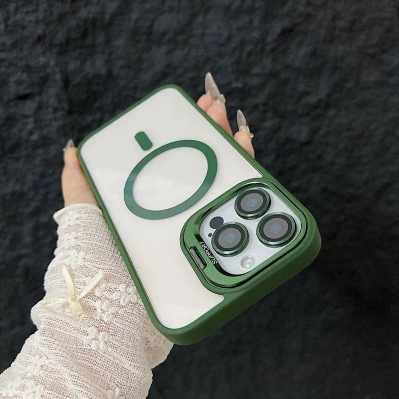 Magnetic Shockproof Transparent Phone Case with Stand | Glass Lens Protection for iPhone 11-16 Series