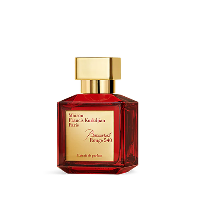 Baccarat Rouge 540 Extrait de parfum bottle with red glass and gold cap