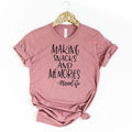 Mauve unisex crew-neck T-shirt with "Making Snacks and Memories" graphic