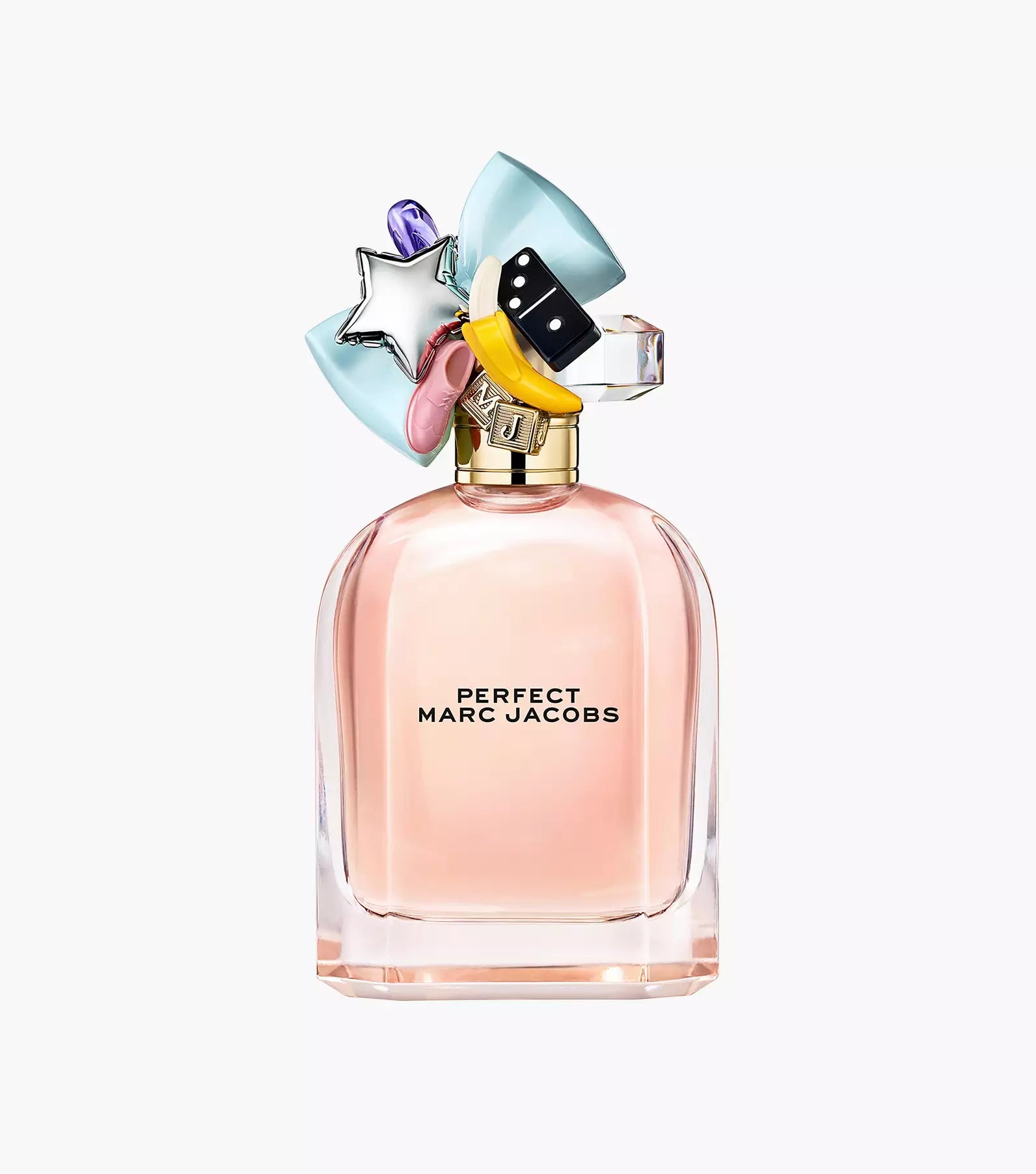 Perfect Eau de Parfum bottle, clear pink glass with gold cap and colorful bow