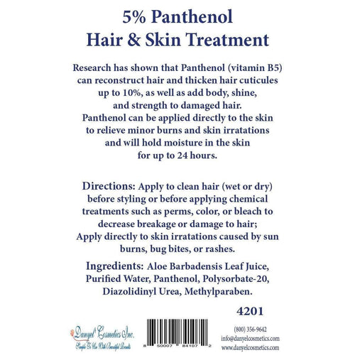 5% panthenol hair and skin treatment label with directions, ingredients, and barcode