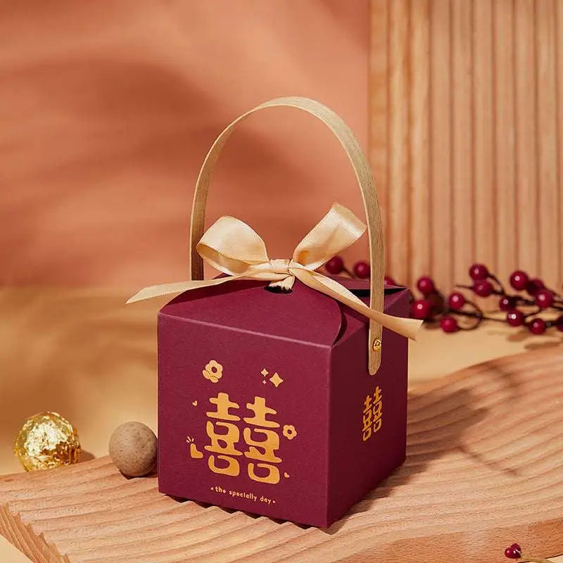 Maroon Minimalist Wedding Candy Gift Box with Gold Handle