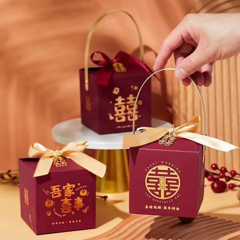 Maroon Minimalist Wedding Candy Gift Box with Gold Handle
