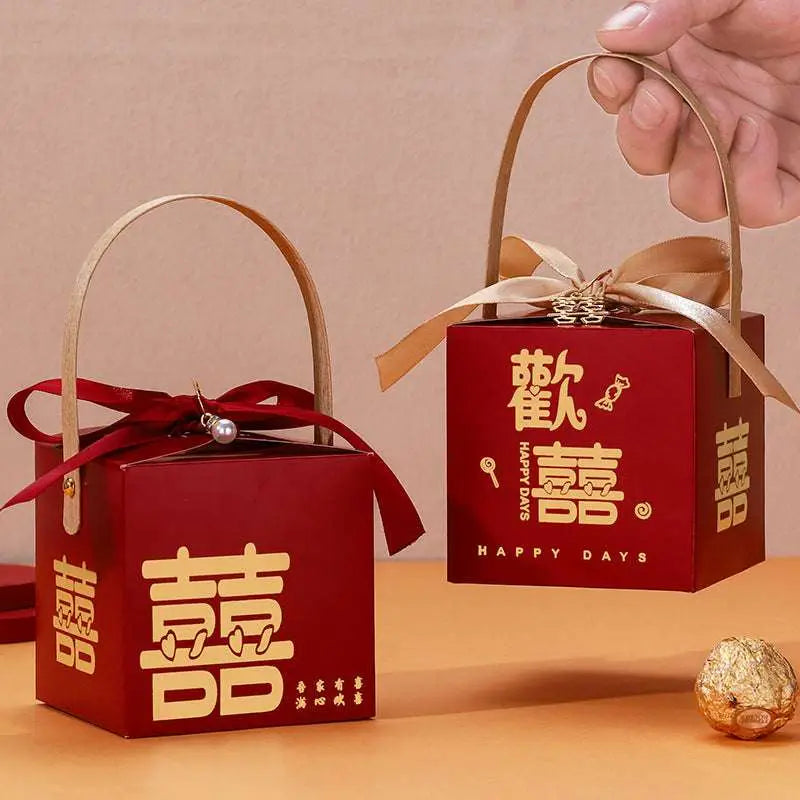 Maroon Minimalist Wedding Candy Gift Box with Gold Handle