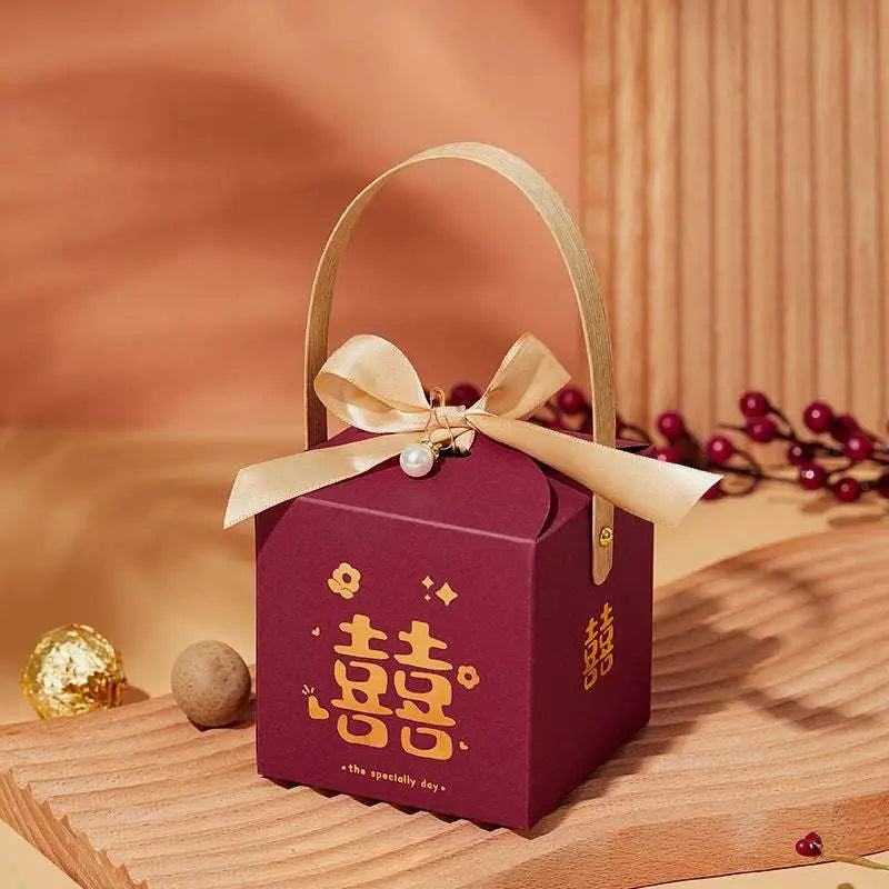 Maroon Minimalist Wedding Candy Gift Box with Gold Handle