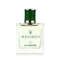 Eau de toilette bottle with clear glass body and green cap, Maserati by La Martina label