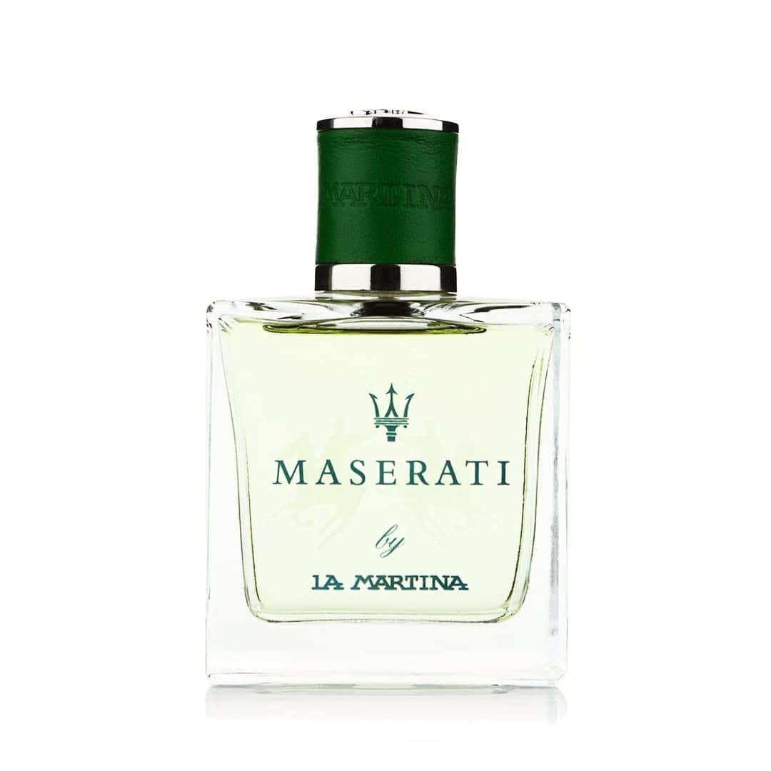 Eau de toilette bottle with clear glass body and green cap, Maserati by La Martina label