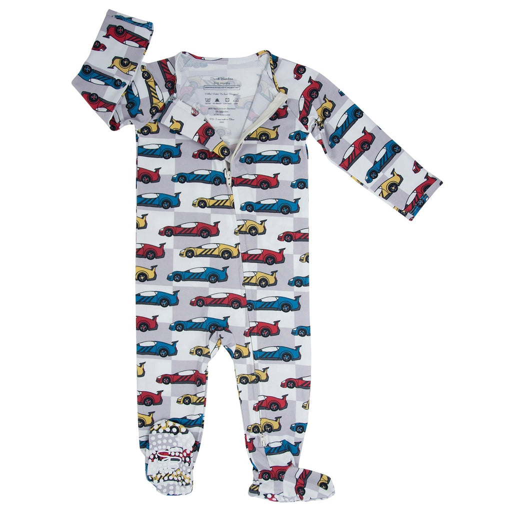 Boys' car-print zippered footie pajamas with long sleeves, front zipper and foot cuffs