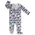 Boys' car-print zippered footie pajamas with long sleeves, front zipper and foot cuffs