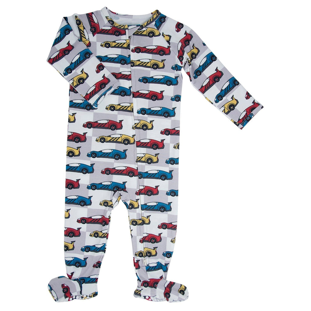 Boys' car-print zippered footie pajamas with long sleeves and foot cuffs
