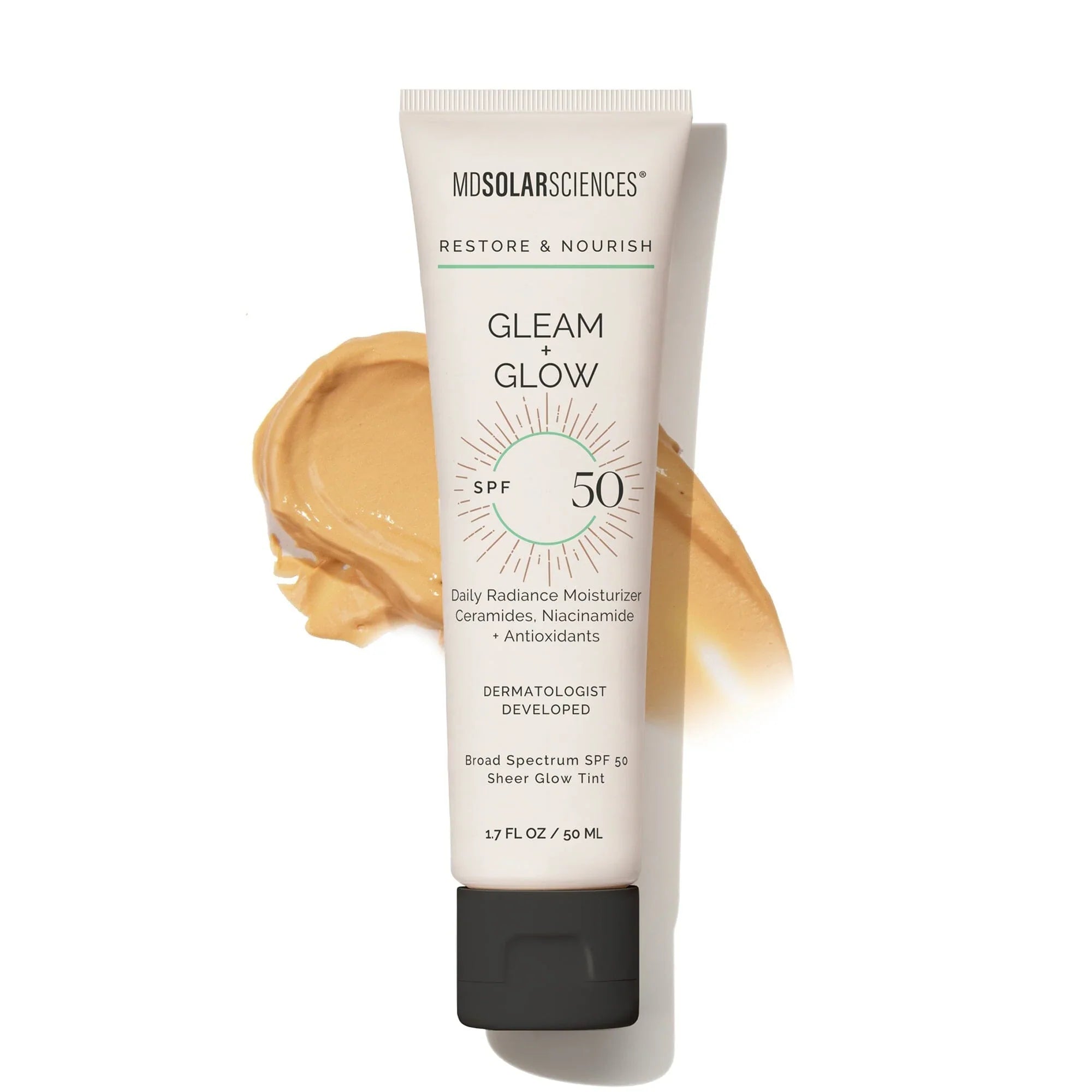 MDSolarSciences Gleam + Glow SPF 50 sunscreen in beige squeeze tube, 1.7 oz.