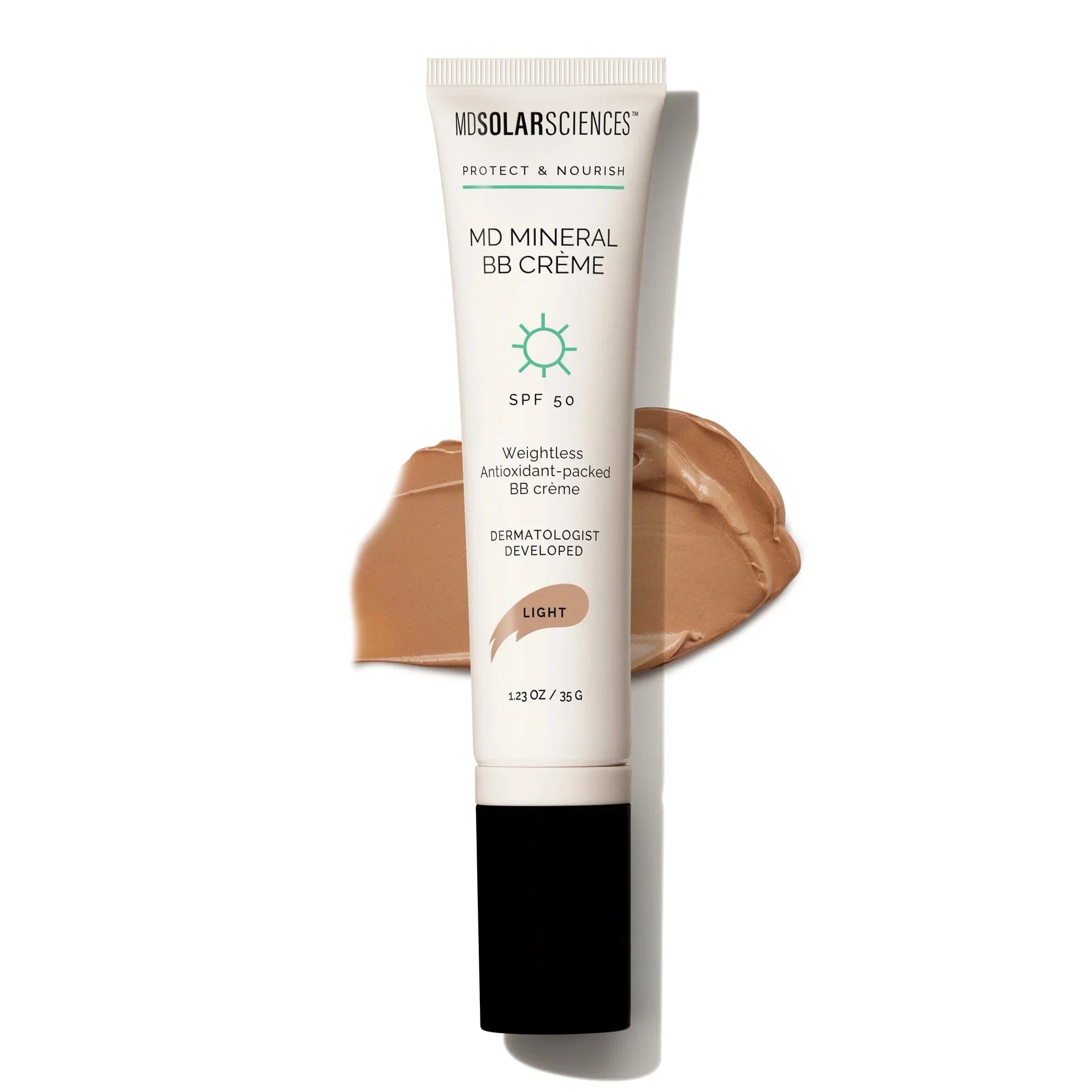 MD Solar Sciences mineral BB crème SPF 50 in squeeze tube with light beige swatch