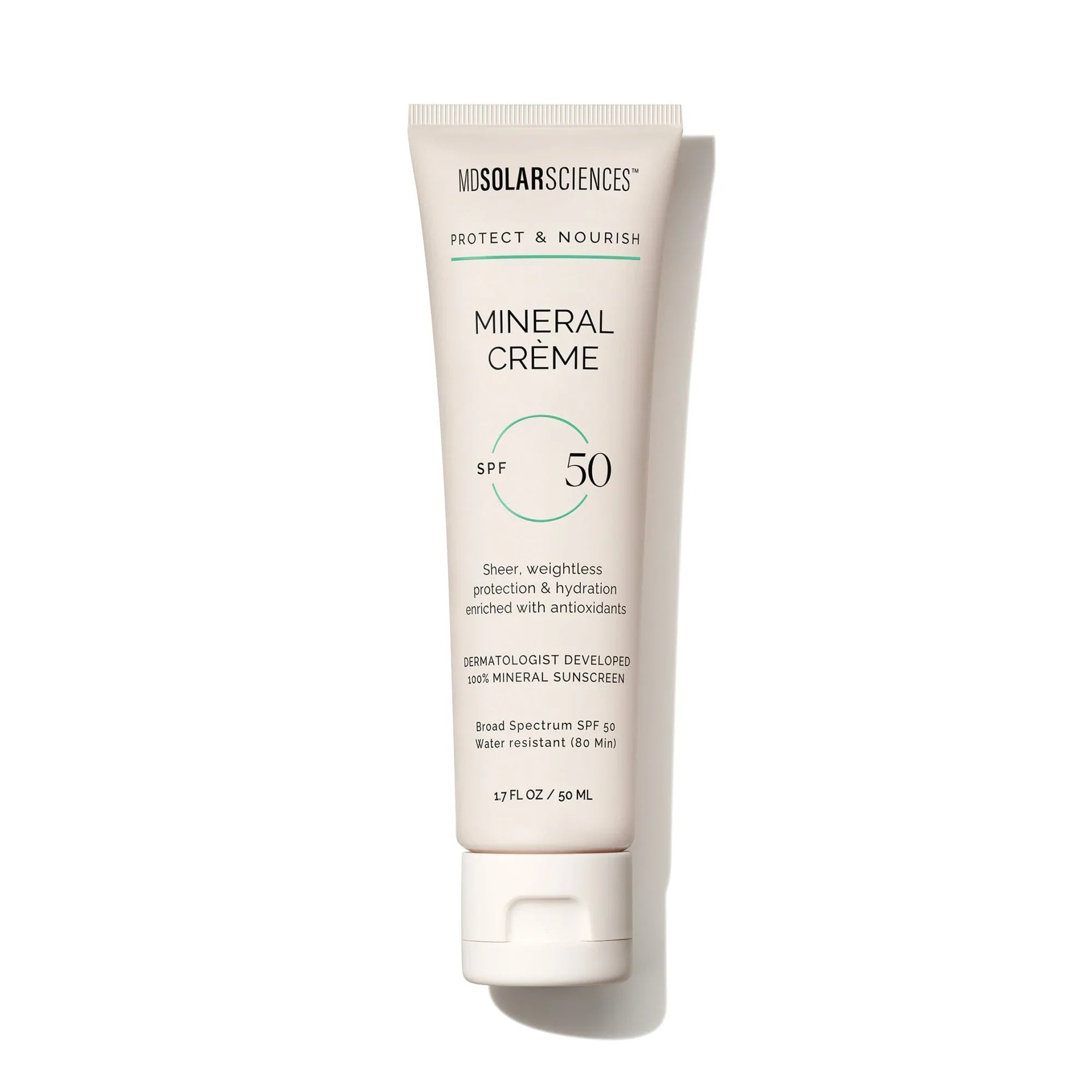 MDSolarSciences Mineral Crème SPF 50 sunscreen tube, beige cream, labeled 1.7 oz