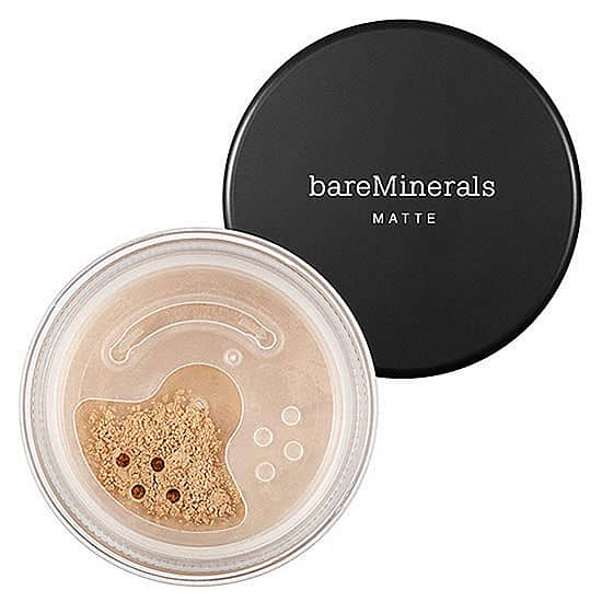 bareMinerals matte foundation compact with open pan of warm beige powder.
