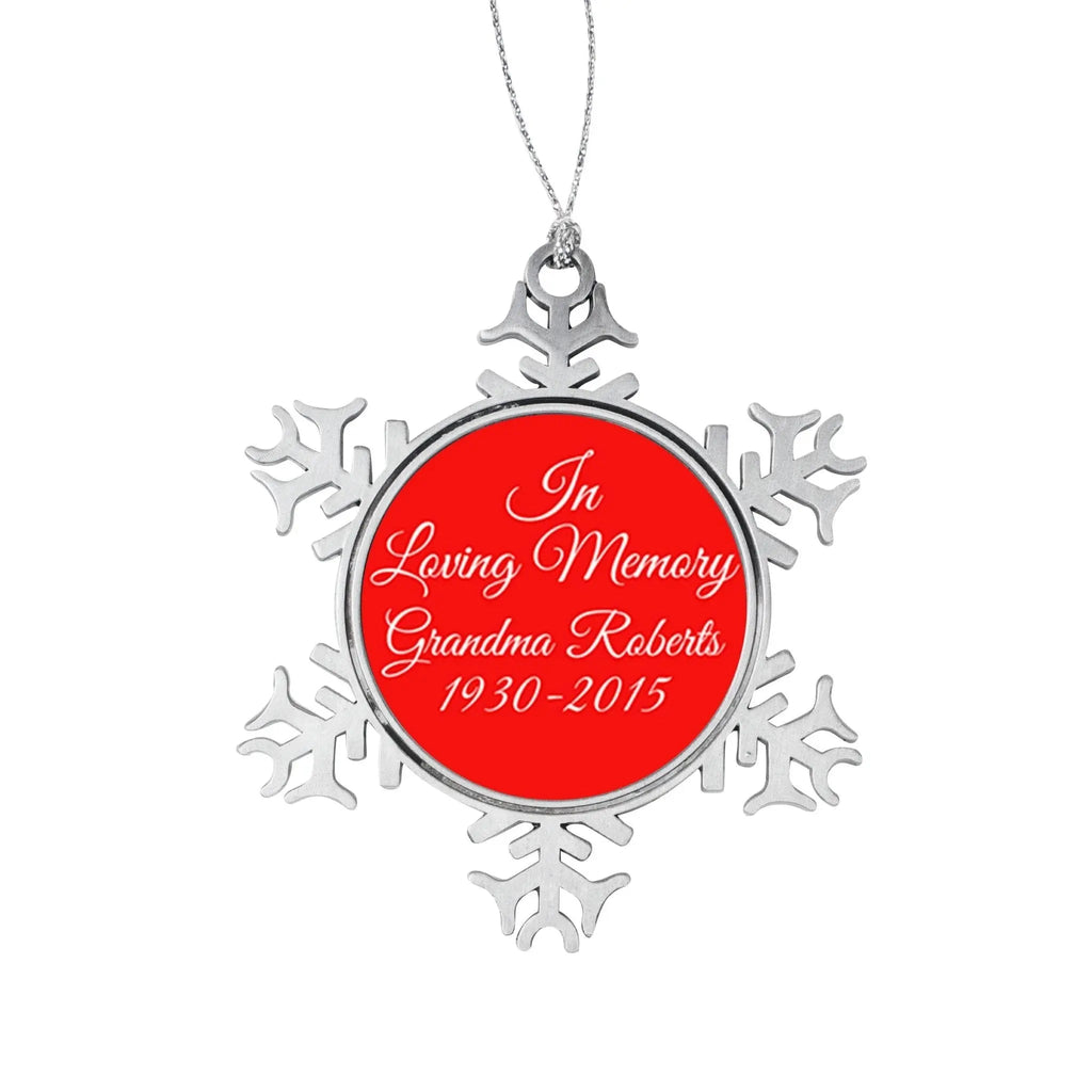 Memorial snowflake ornament, red center with names and dates, on silver chain