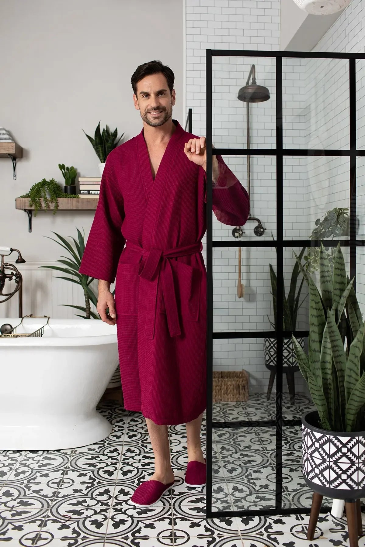 Men's waffle bathrobe, wine red, belted V-neck kimono robe