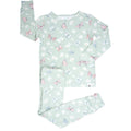 Kids bamboo pajama set, mint with butterfly and daisy print, long sleeves and pants