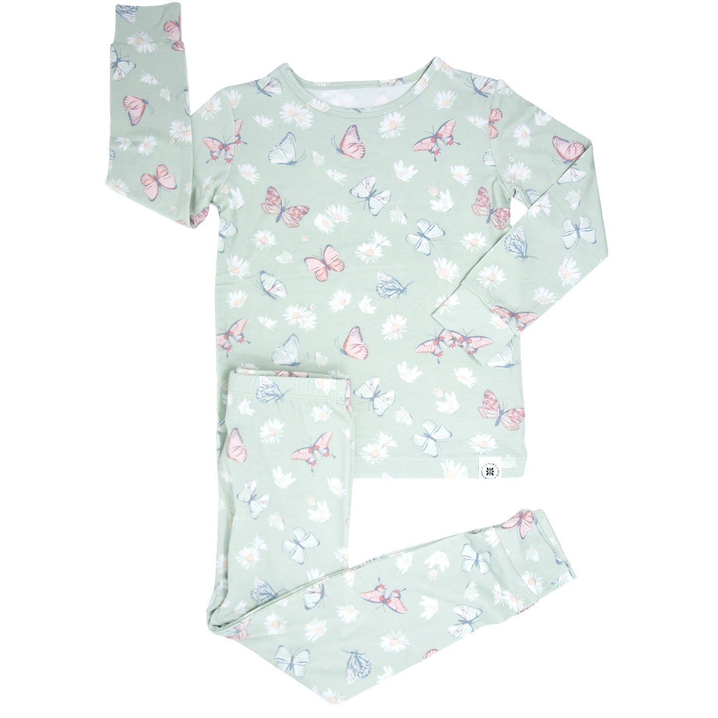 Kids bamboo pajama set, mint with butterfly and daisy print, long sleeves and pants