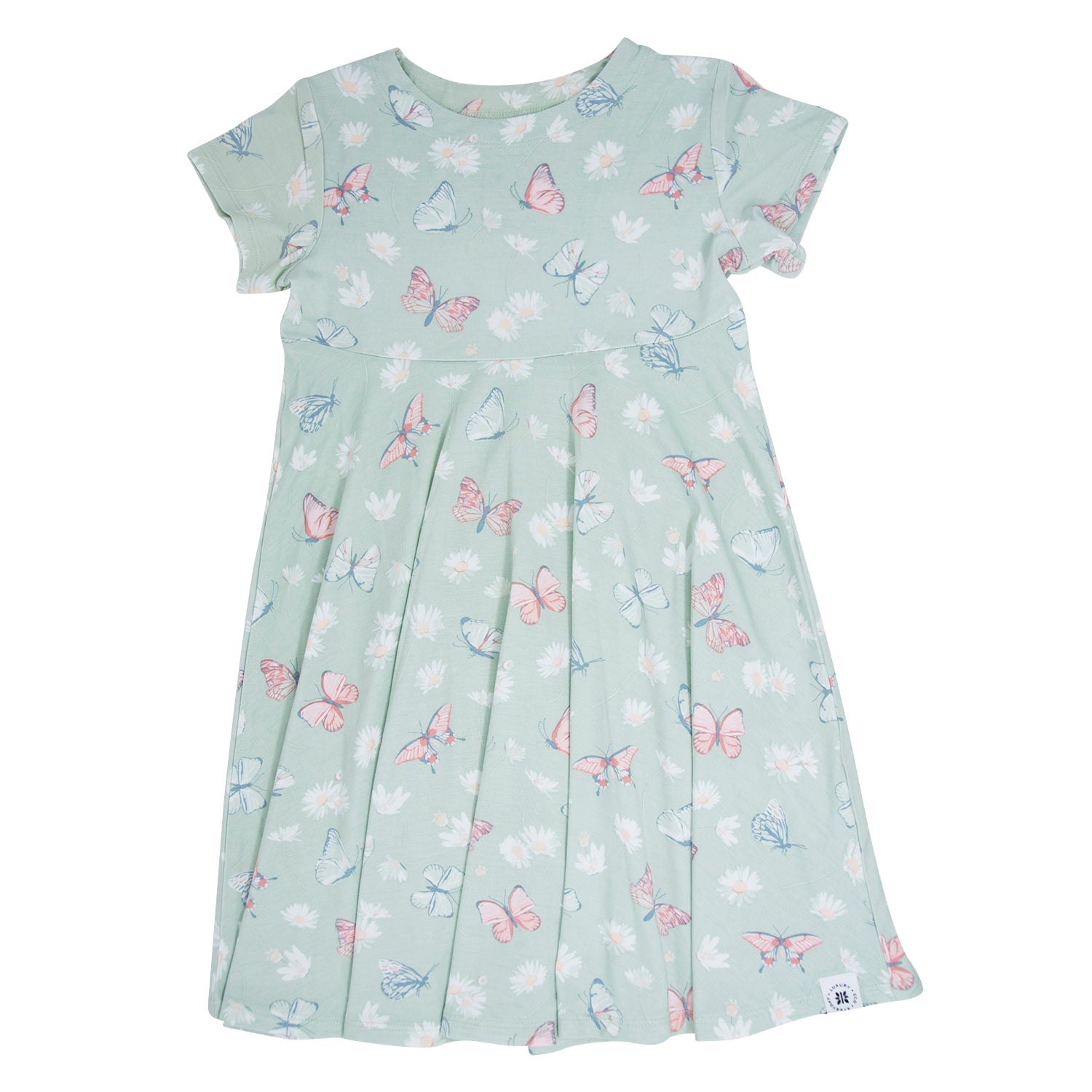 Girls' mint butterfly print cap sleeve dress